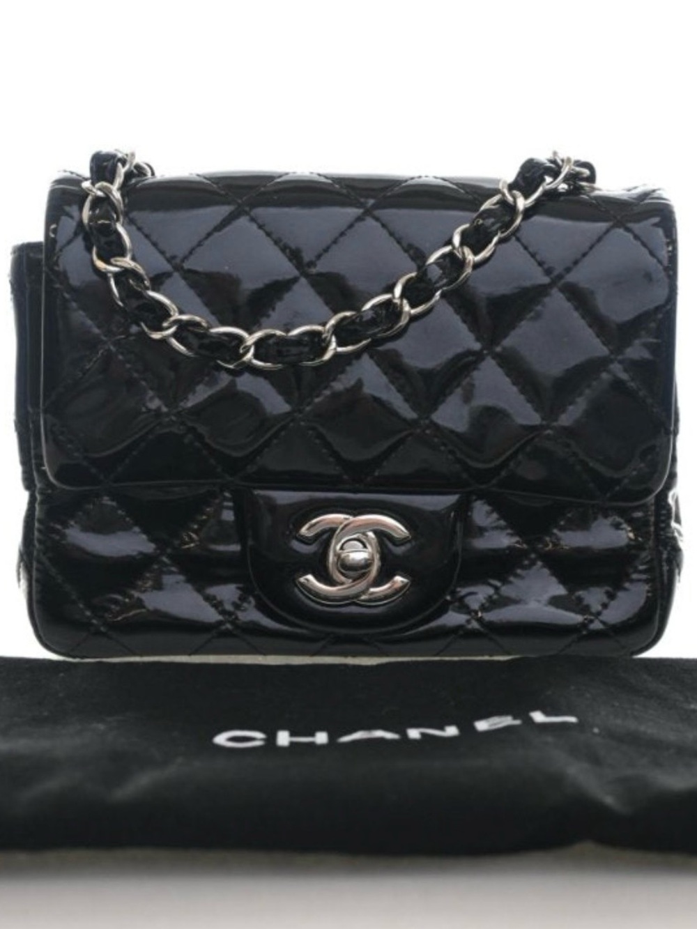 CHANEL Black Quilted Patent Leather Mini Flap Bag with Chain